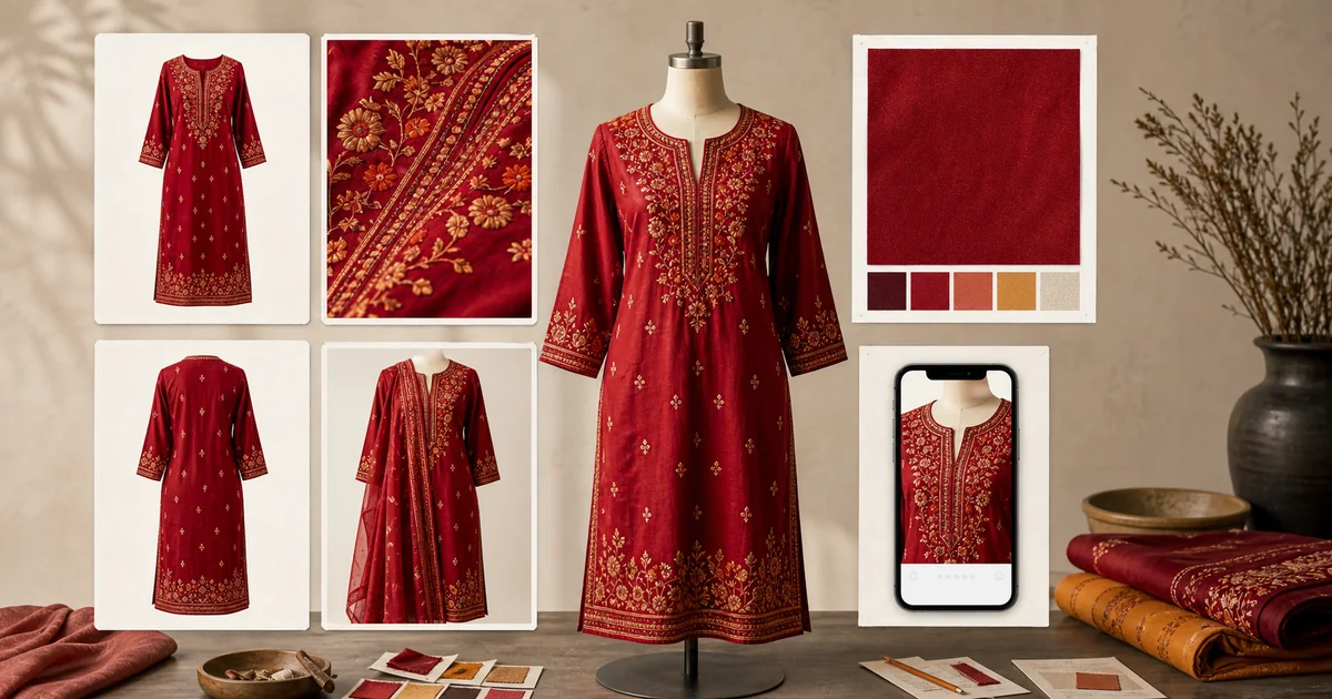 A red embroidered kurta surrounded by product-image cards showing its front, back, embroidery, fabric colour, styling, and mobile product-page crop