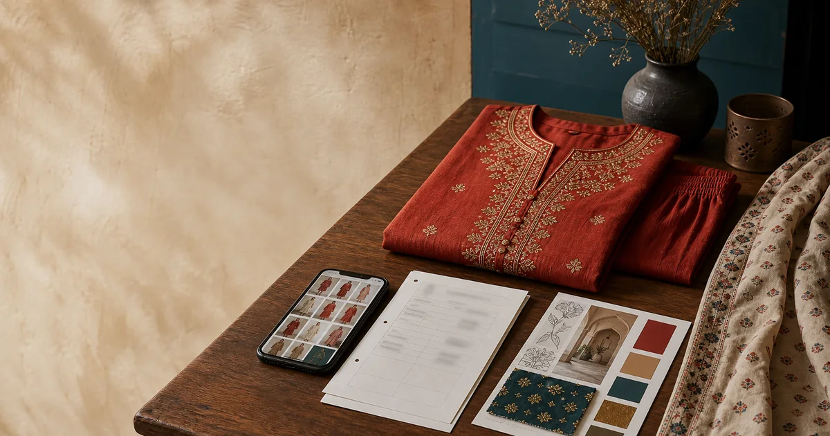 A red embroidered kurta collection, fabric swatches, a phone catalogue, and a campaign mood board arranged on a studio worktable